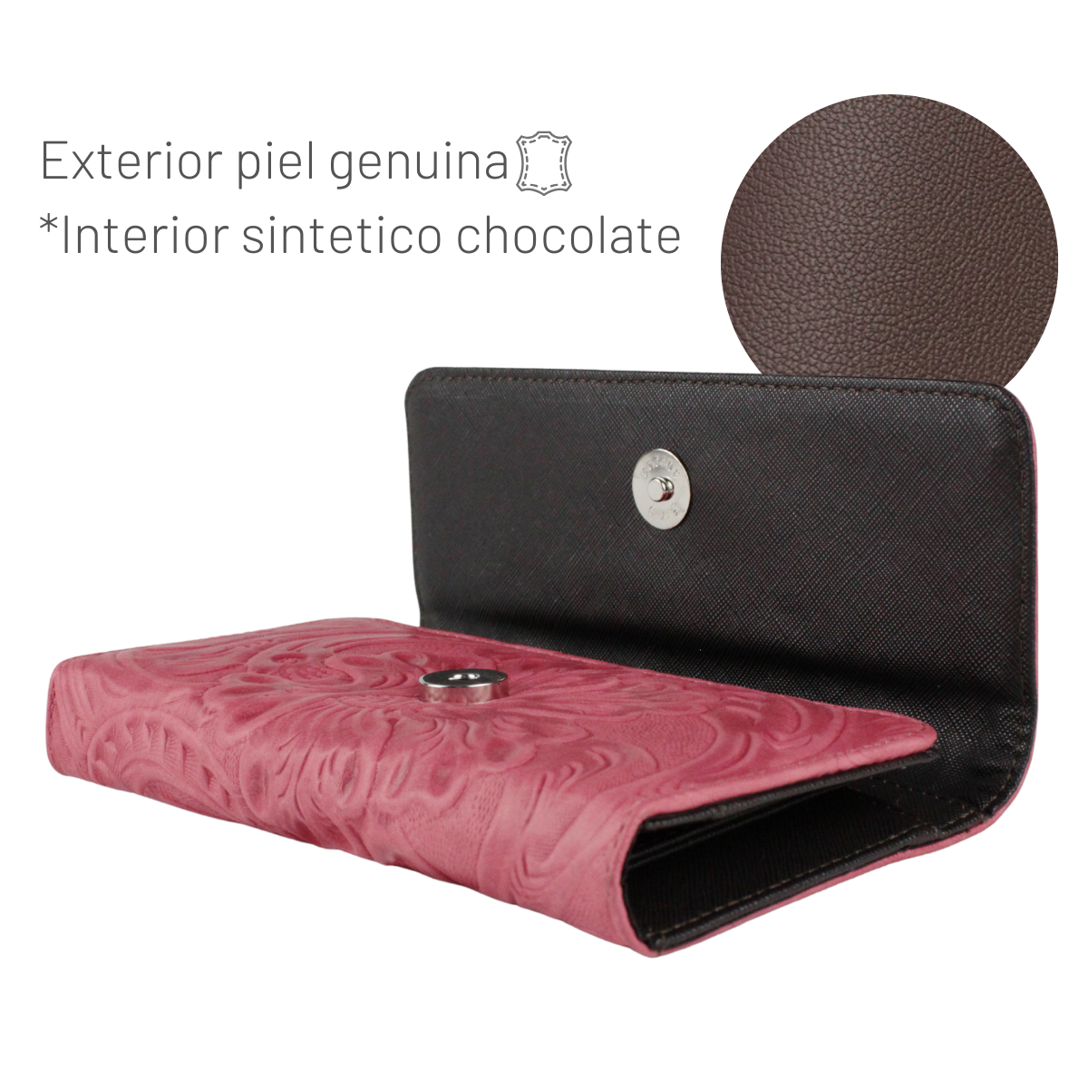 Cartera Mujer Piel Genuina Larga Tarjetero Removible Interiores en Sintético
