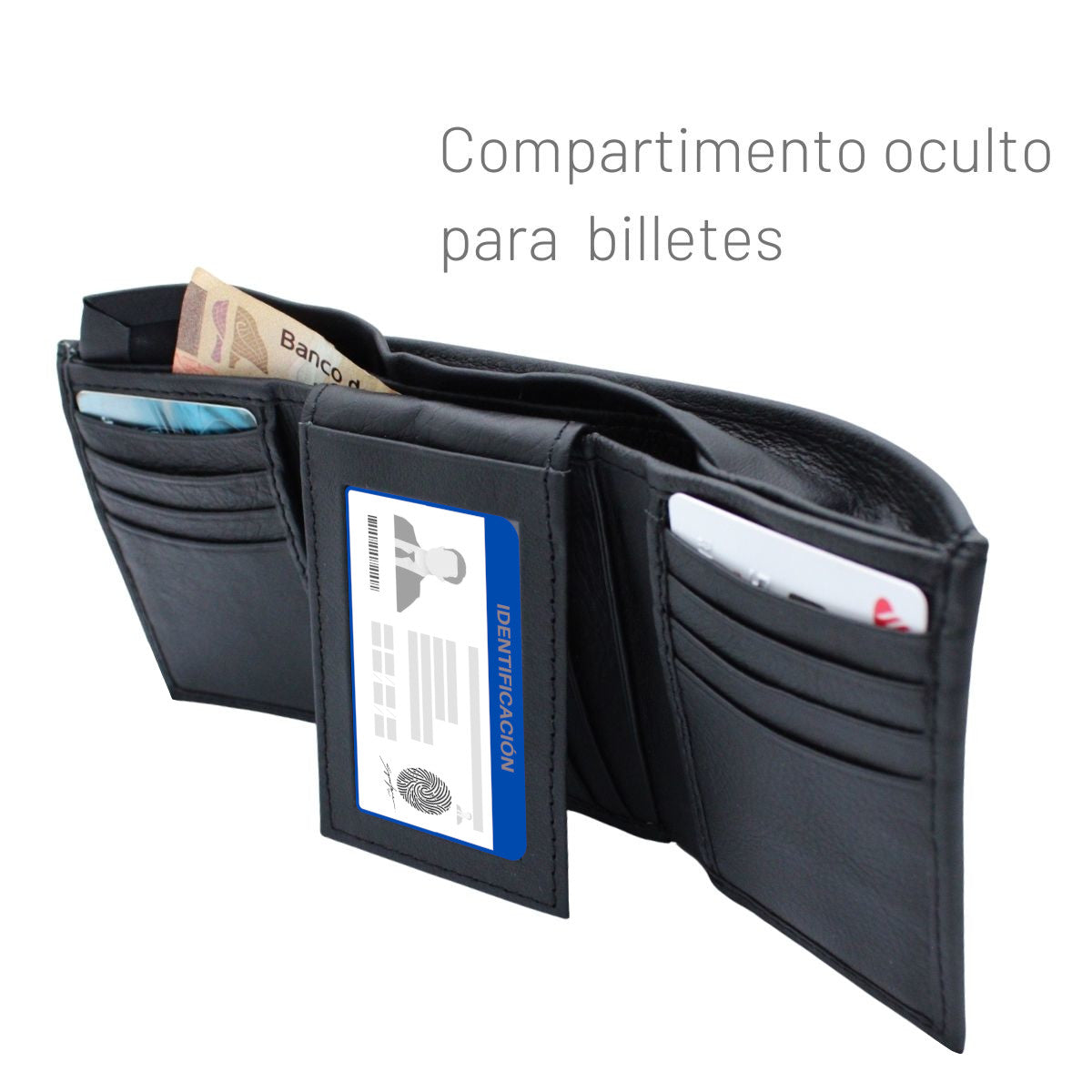 Cartera Hombre Piel Genuina Triple con Identificación Interiores en Piel