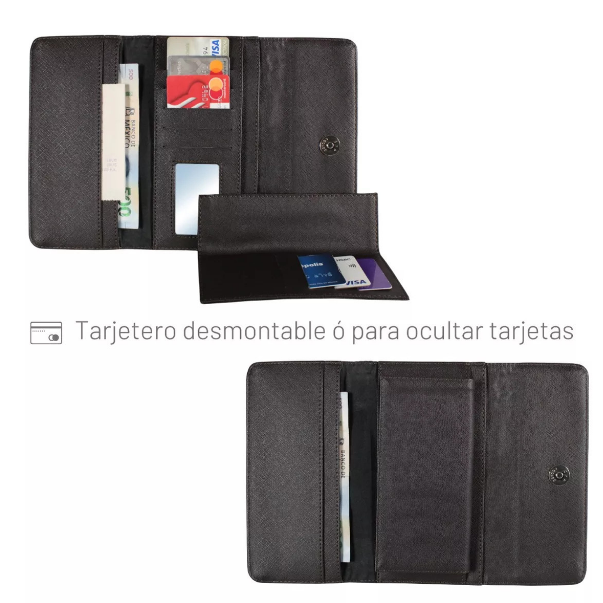 Cartera Mujer Piel Genuina Larga Tarjetero Removible Interiores en Sintético