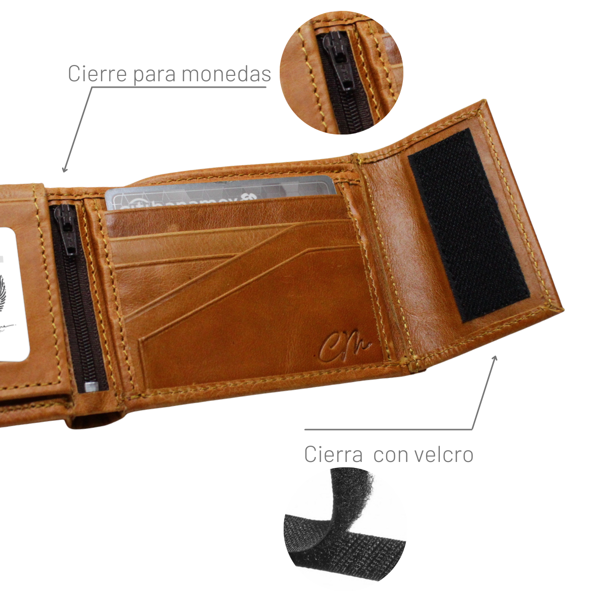 Cartera Hombre Piel Genuina Cierre Velcro Monedero Identificación Interiores en Tela