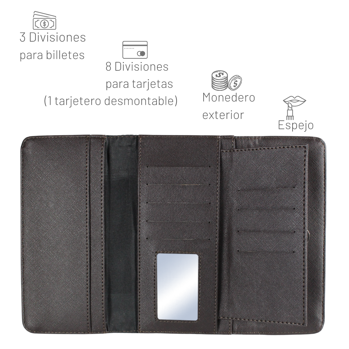 Cartera Mujer Piel Genuina Larga Tarjetero Removible Interiores en Sintético