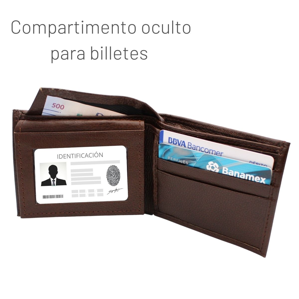 Cartera Hombre Piel Genuina Bifold Compartimento Secreto Interiores en Tela