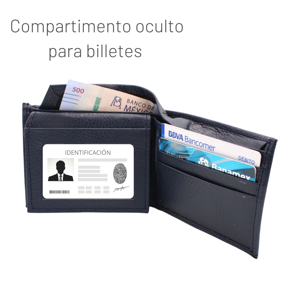 Cartera Hombre Piel Genuina Bifold Compartimento Secreto Interiores en Tela