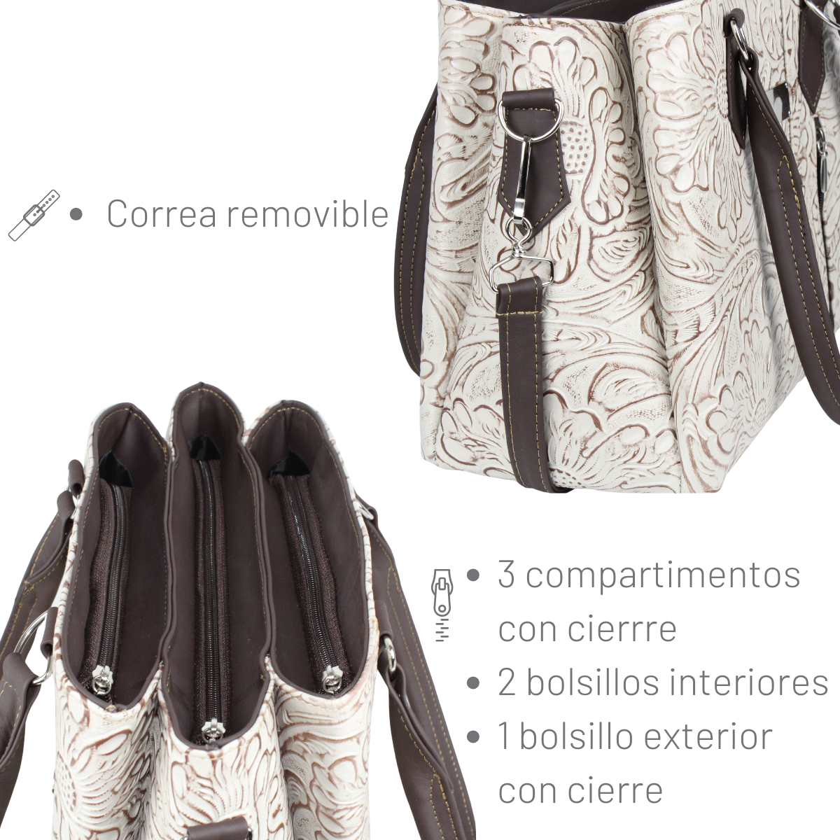 Bolsa Mujer Piel Genuina Artesanal Grande Interiores en Tela