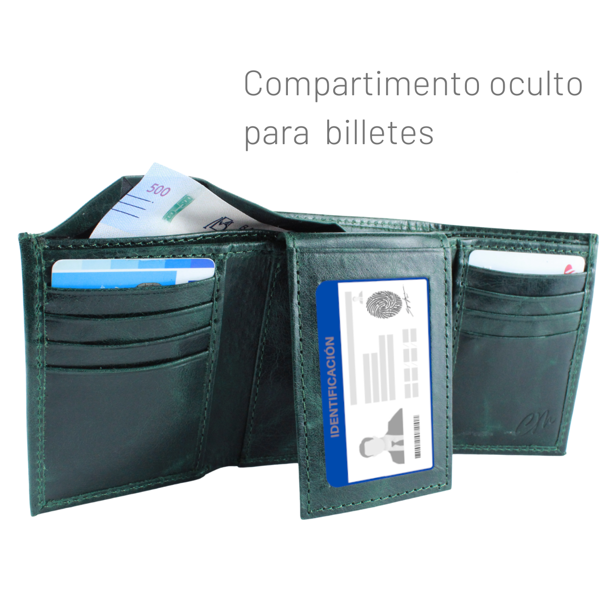 Cartera Hombre Piel Genuina Triple con Identificación Interiores en Piel