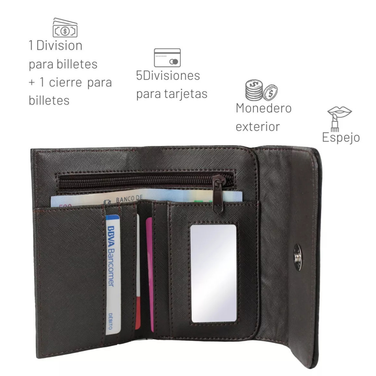 Cartera Mujer Piel Genuina Mediana Monedero Interiores en Sintético