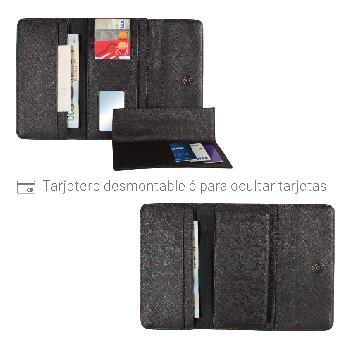 Cartera Mujer Piel Genuina Larga Tarjetero Removible Interiores en Sintético