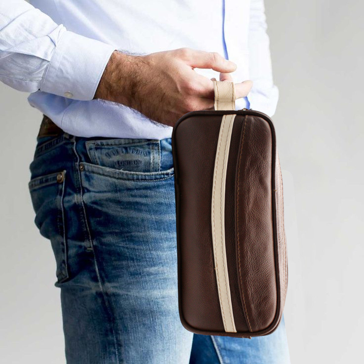 Neceser Hombre Piel Genuina Franja Interiores en Tela
