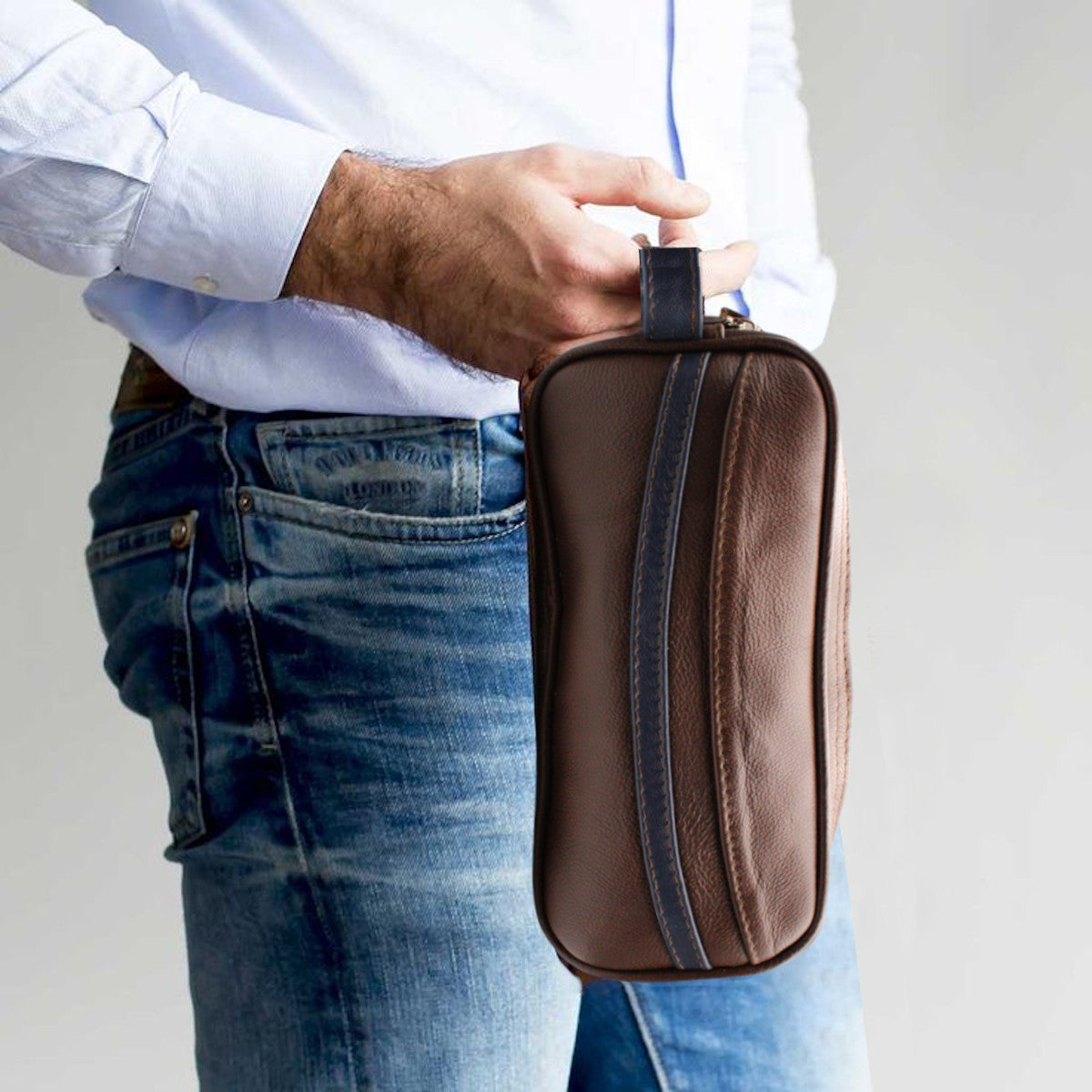 Neceser Hombre Piel Genuina Franja Interiores en Tela
