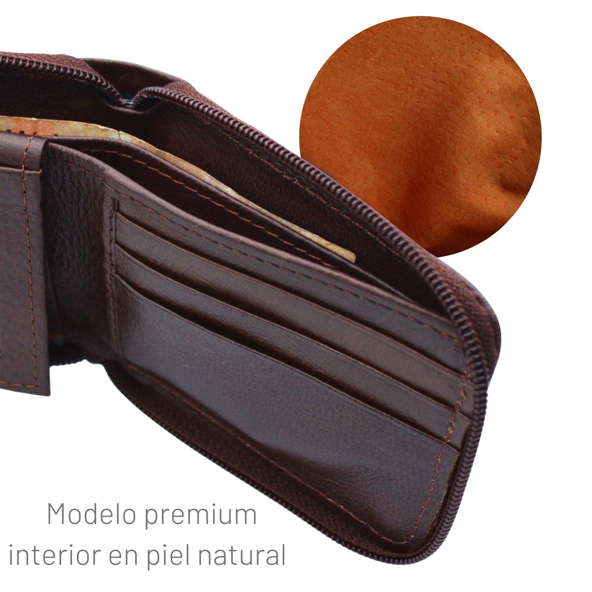 Cartera Hombre Piel Genuina Cierre Seguro Monedas Identificación Interiores en Piel