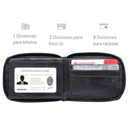 Cartera Hombre Piel Genuina Cierre Seguro Monedas Identificación Interiores en Piel