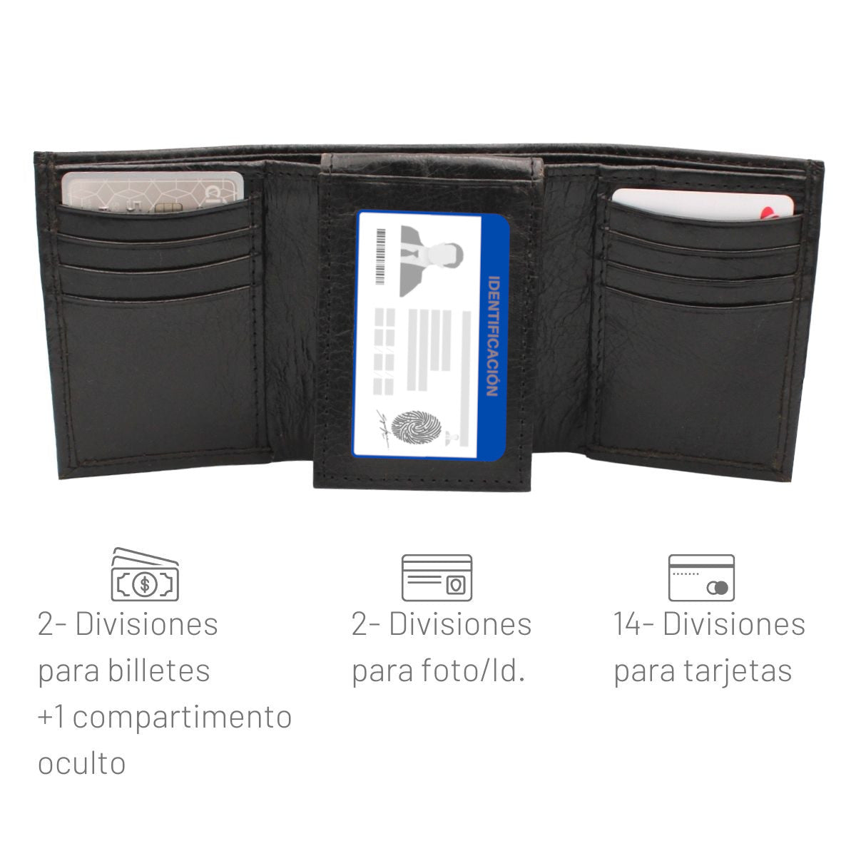 Cartera Hombre Piel Genuina Triple con Identificación Interiores en Piel