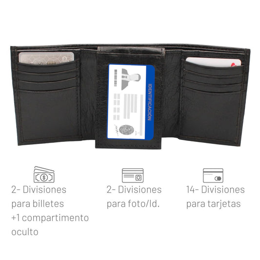 Cartera Hombre Piel Genuina Triple con Identificación Interiores en Piel