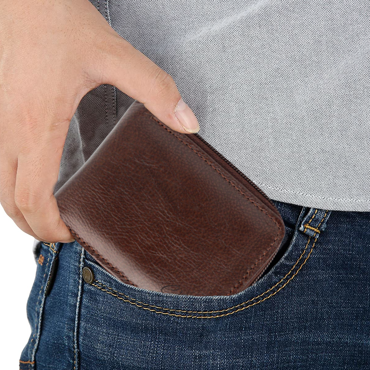 Cartera Hombre Piel Genuina Cierre Seguro Monedas Interiores en Tela