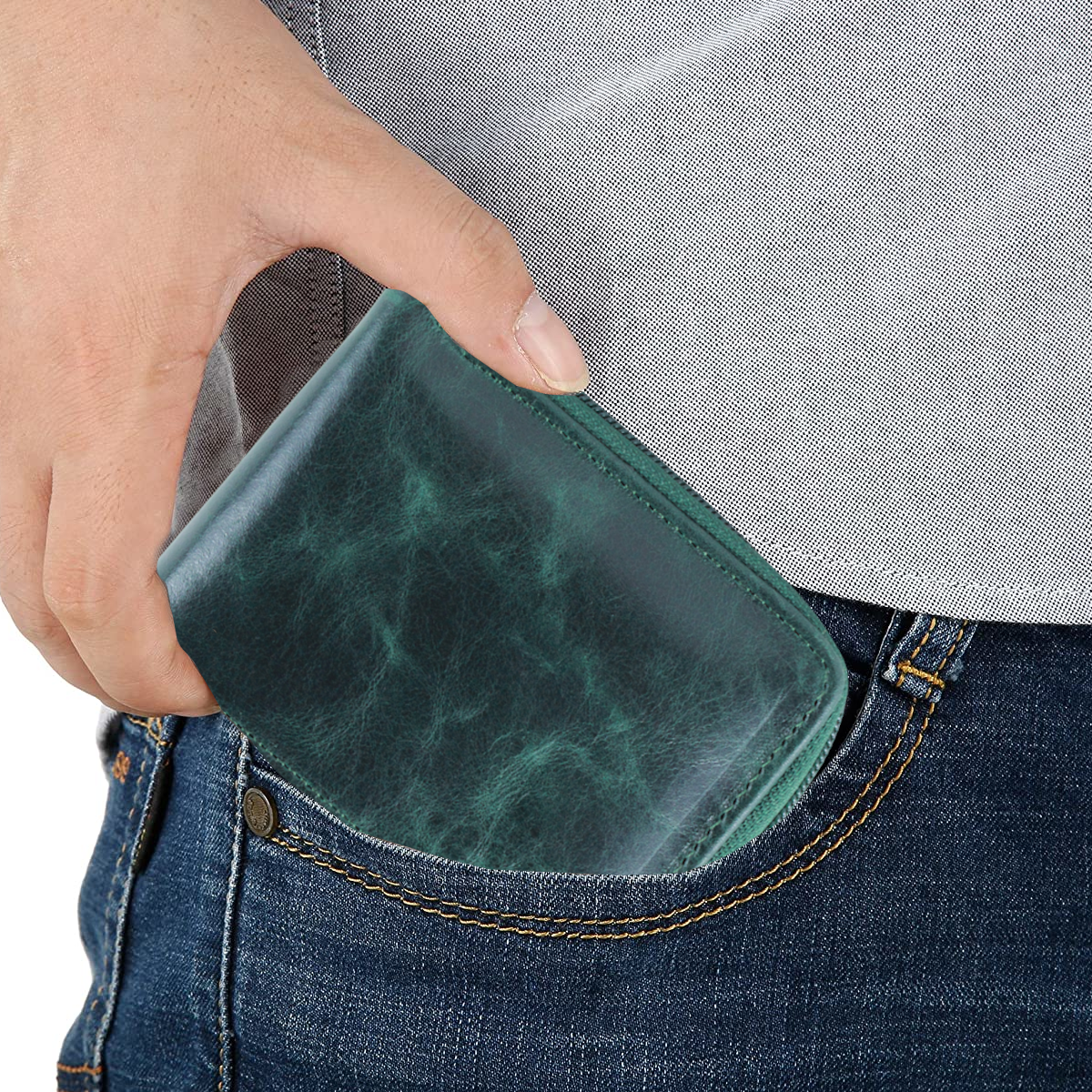 Cartera Hombre Piel Genuina Cierre Seguro Monedas Interiores en Tela