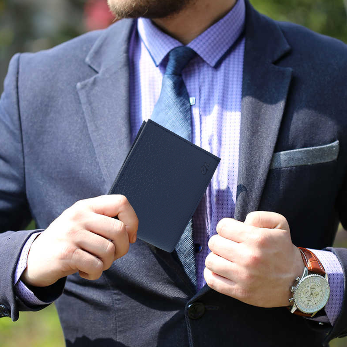 Cartera Hombre Piel Genuina Bifold Compartimento Secreto Interiores en Tela