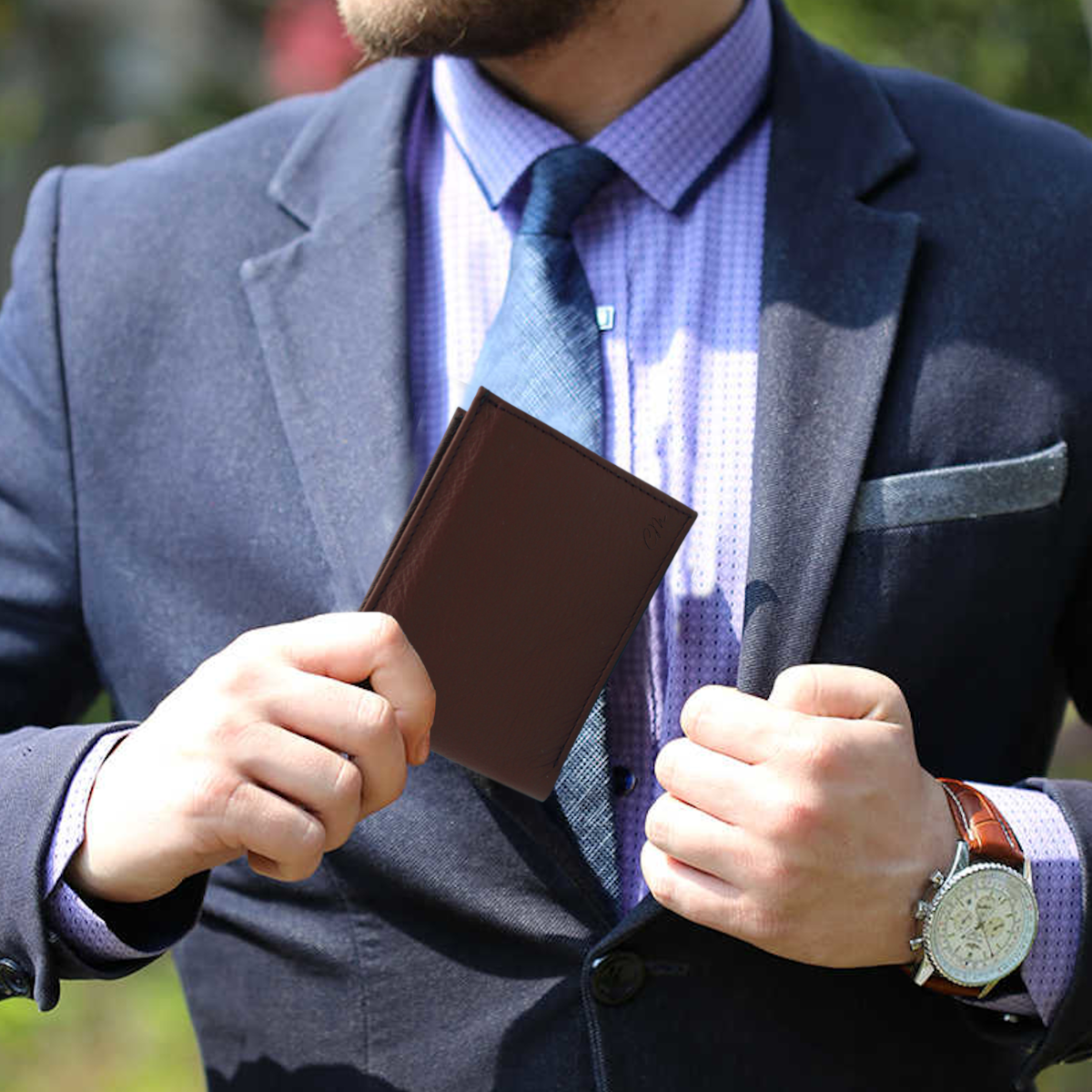 Cartera Hombre Piel Genuina Bifold Compartimento Secreto Interiores en Tela