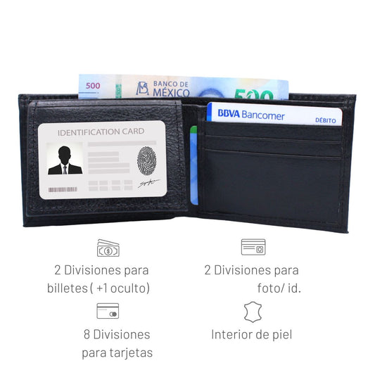 Cartera Hombre Piel Genuina Bifold División Oculta Interiores en Piel