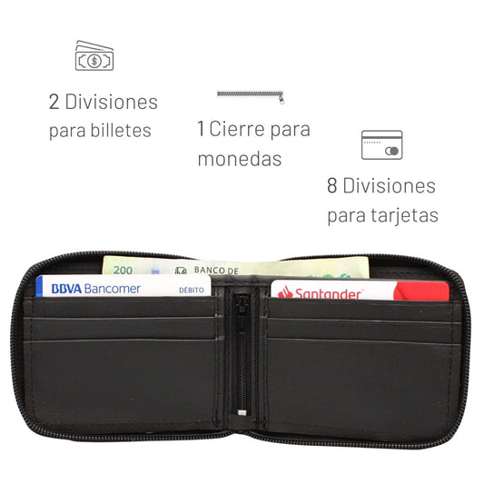 Cartera Hombre Piel Genuina Cierre Seguro Monedas Interiores en Tela