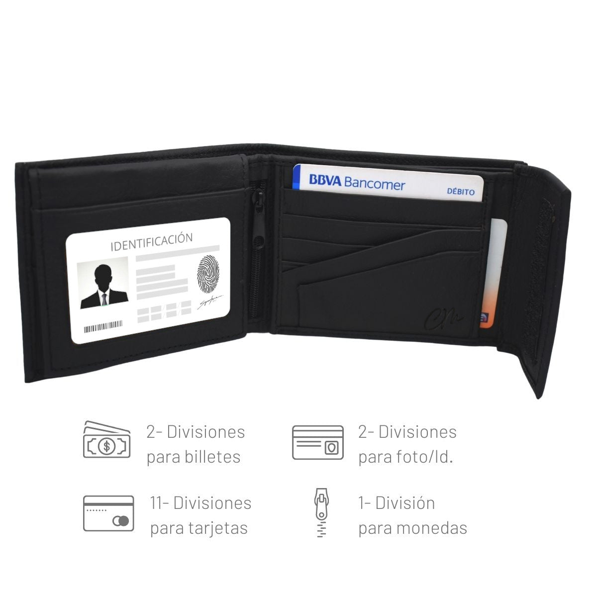 Cartera Hombre Piel Genuina Cierre Velcro Monedero Identificación Interiores en Tela
