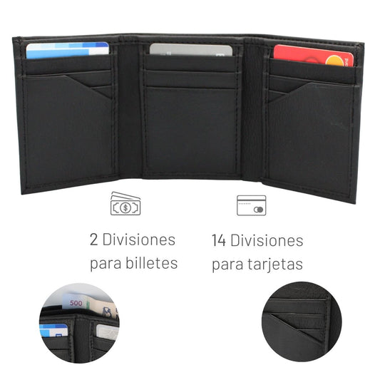 Cartera Hombre Piel Genuina Triple Compacta Interiores en Tela