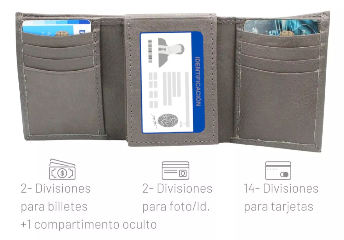 Cartera Hombre Piel Genuina Triple con Identificación Interiores en Piel