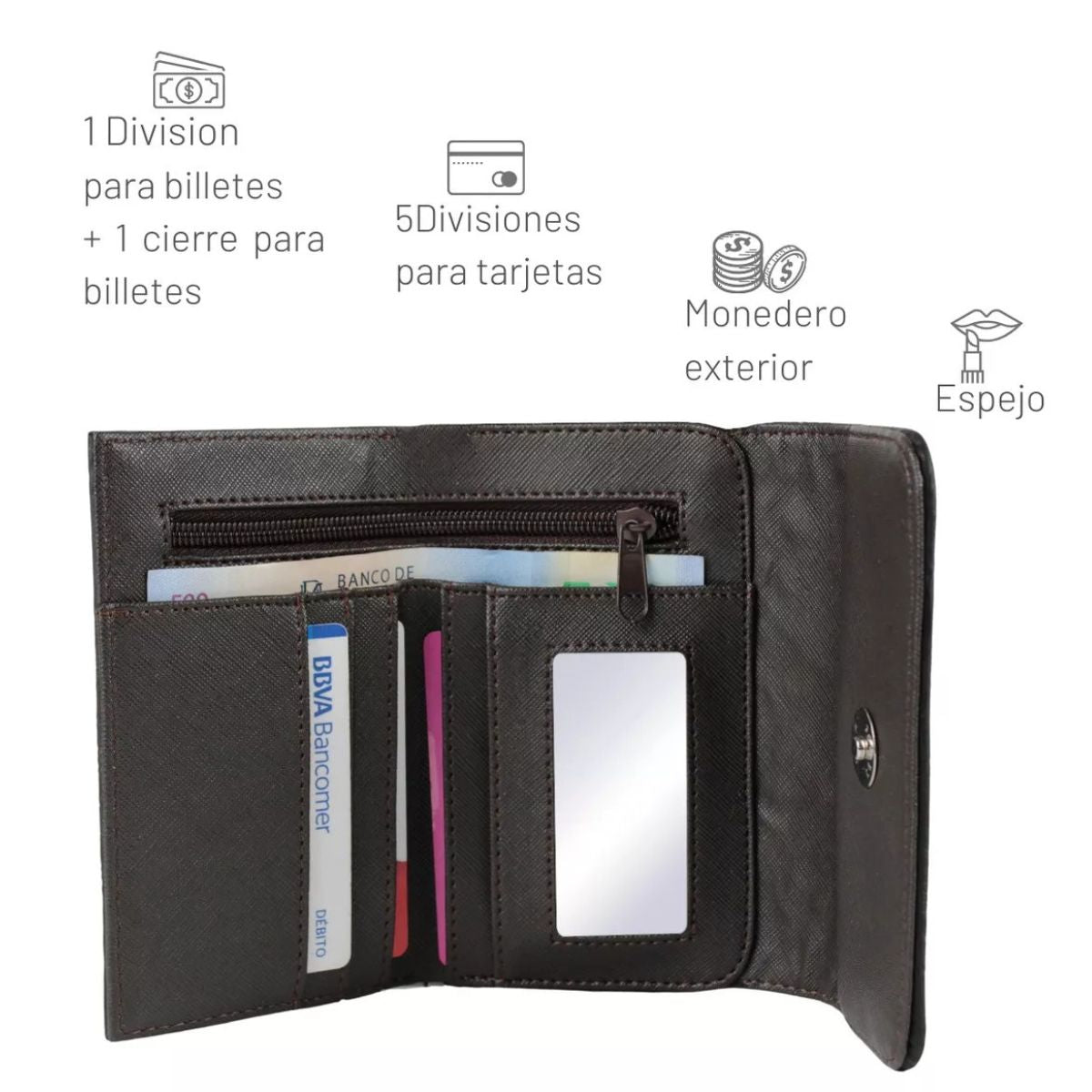 Cartera Mujer Piel Genuina Mediana Monedero Interiores en Sintético