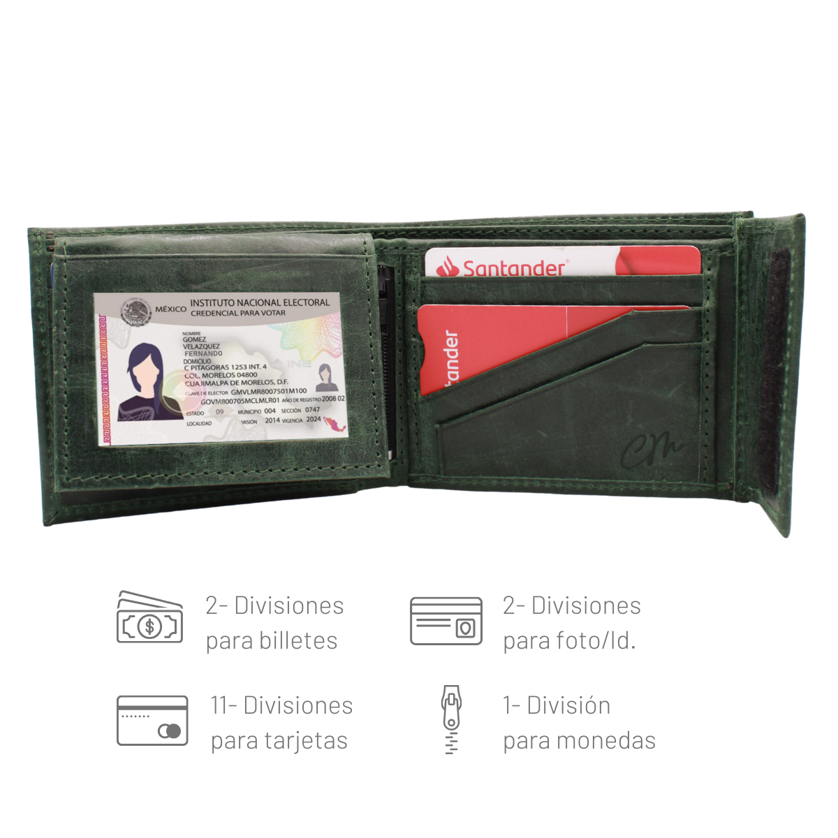 Cartera Hombre Piel Genuina Cierre Velcro Monedero Identificación Interiores en Tela