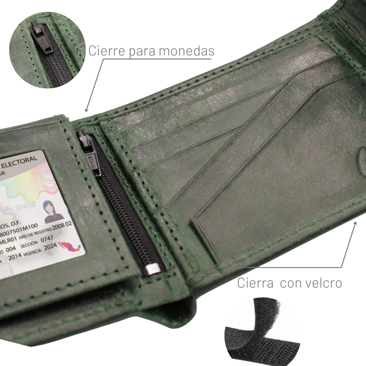 Cartera Hombre Piel Genuina Cierre Velcro Monedero Identificación Interiores en Tela